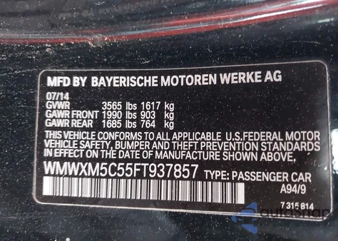 2015 Mini Hardtop Cooper from USA, damaged, VIN WMWXM5C55FT937857